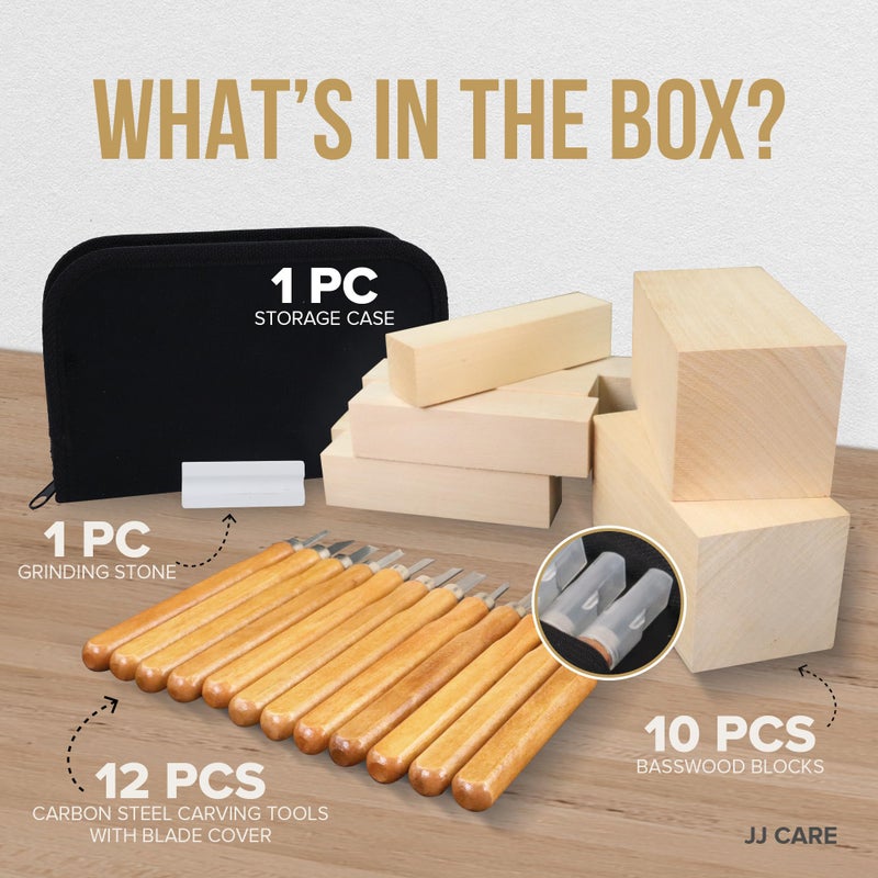 JJ CARE طقم نحت الخشب من JJ CARE، 24 قطعة طقم نحت الخشب مع 12 سكين نحت من فولاذ SK2، 10 كتل خشب باسوود، 1 حجر طحن وصندوق تخزين، مجموعة هدايا للمبتدئين والبالغين - Image 3